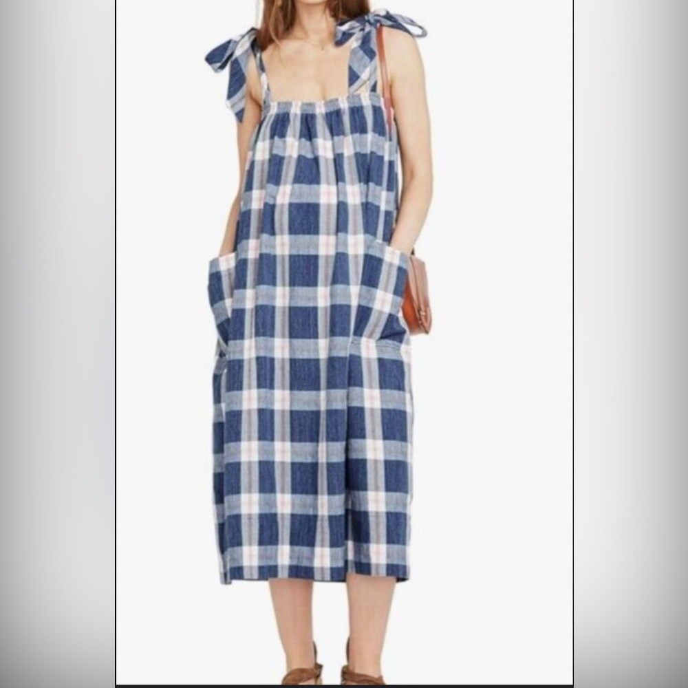 Hatch Maternity Midi Dress Blue Pink Plaid